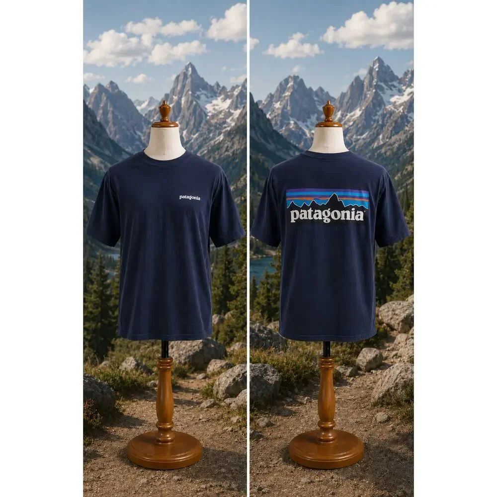 Patagonia Navy Logo Graphic Tee Outdoor Mountain Back Print Shirt Sz S